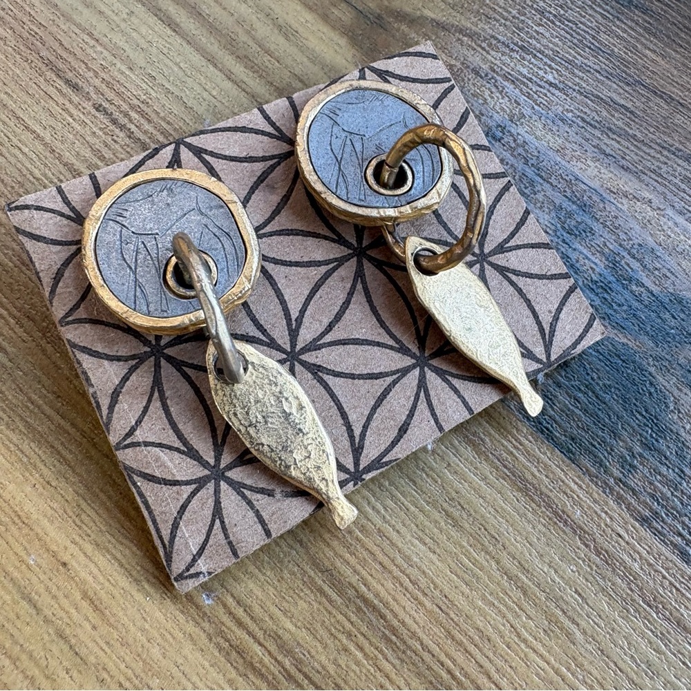 SOLD!!Vintage Carved Metal Hoop Fish Dangle Earrings